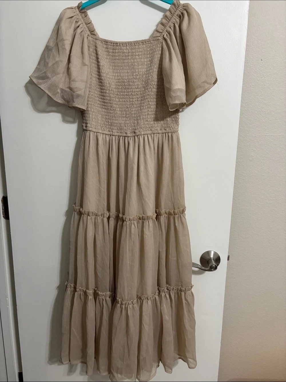 Ivy City Neutral Beige Smocked Top with Elastic Neckline - Picture 3 of 4